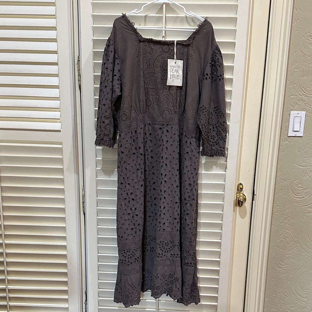 Magnolia Pearl Gray Eyelet Maxi Dress with Square Neck. NWT